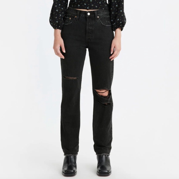Levi's High Rise 501 Regular Fit Button Fly Jeans Distressed Black - Picture 1 of 13